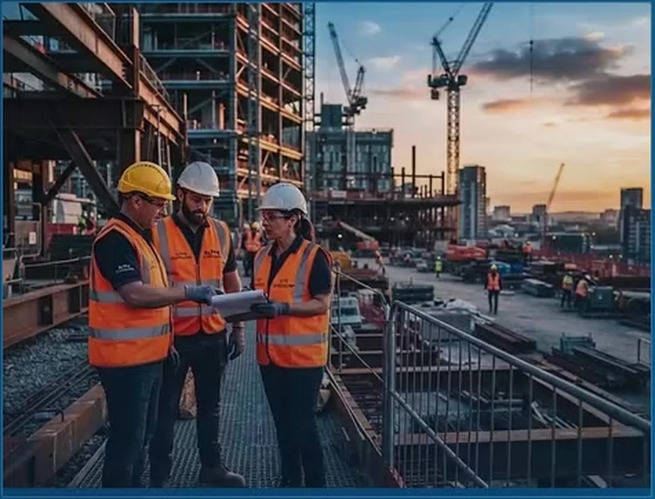 Construction safety professionals reviewing work on site